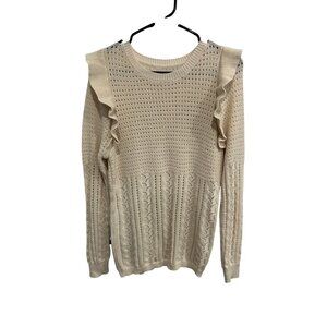 Open Weave Pullover Sweater Beige Crewneck Ruffle Long Sleeve Neutral Comfy